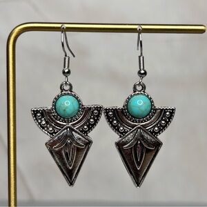 Silver Tone and Turquoise Stone Dangle Earrings